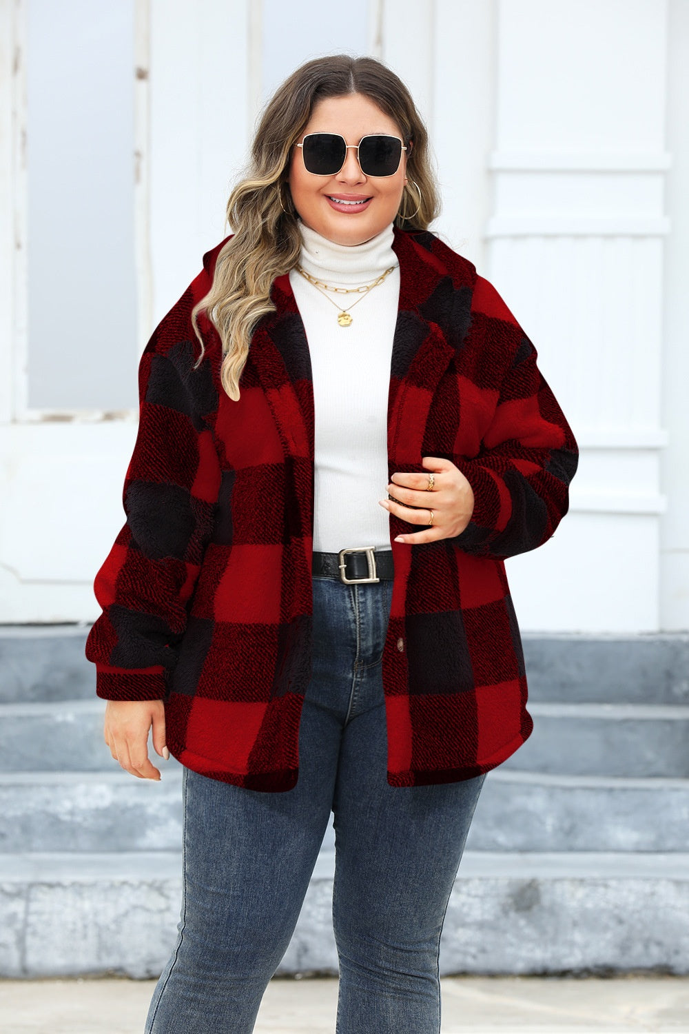 Plus Size Plaid Button Up Hooded Jacket - Brinxx Couture