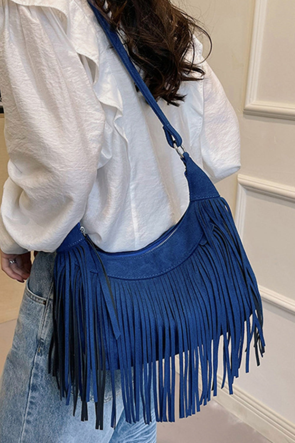 Suede Fringe Adjustable Strap Shoulder Bag - Brinxx Couture