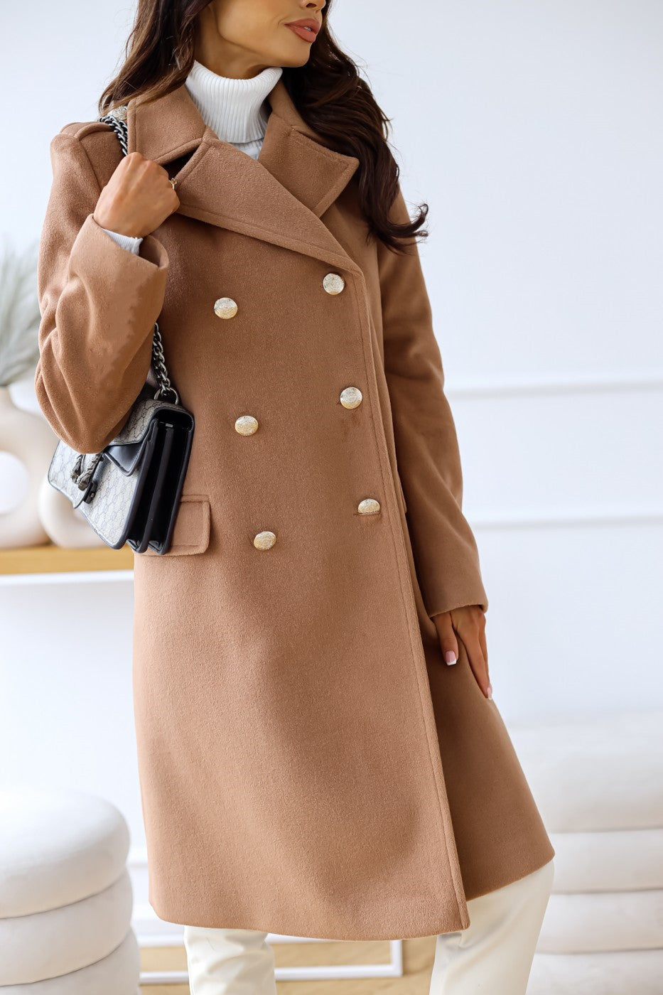 Long Sleeve Double Breasted Woolen Coat - Brinxx Couture