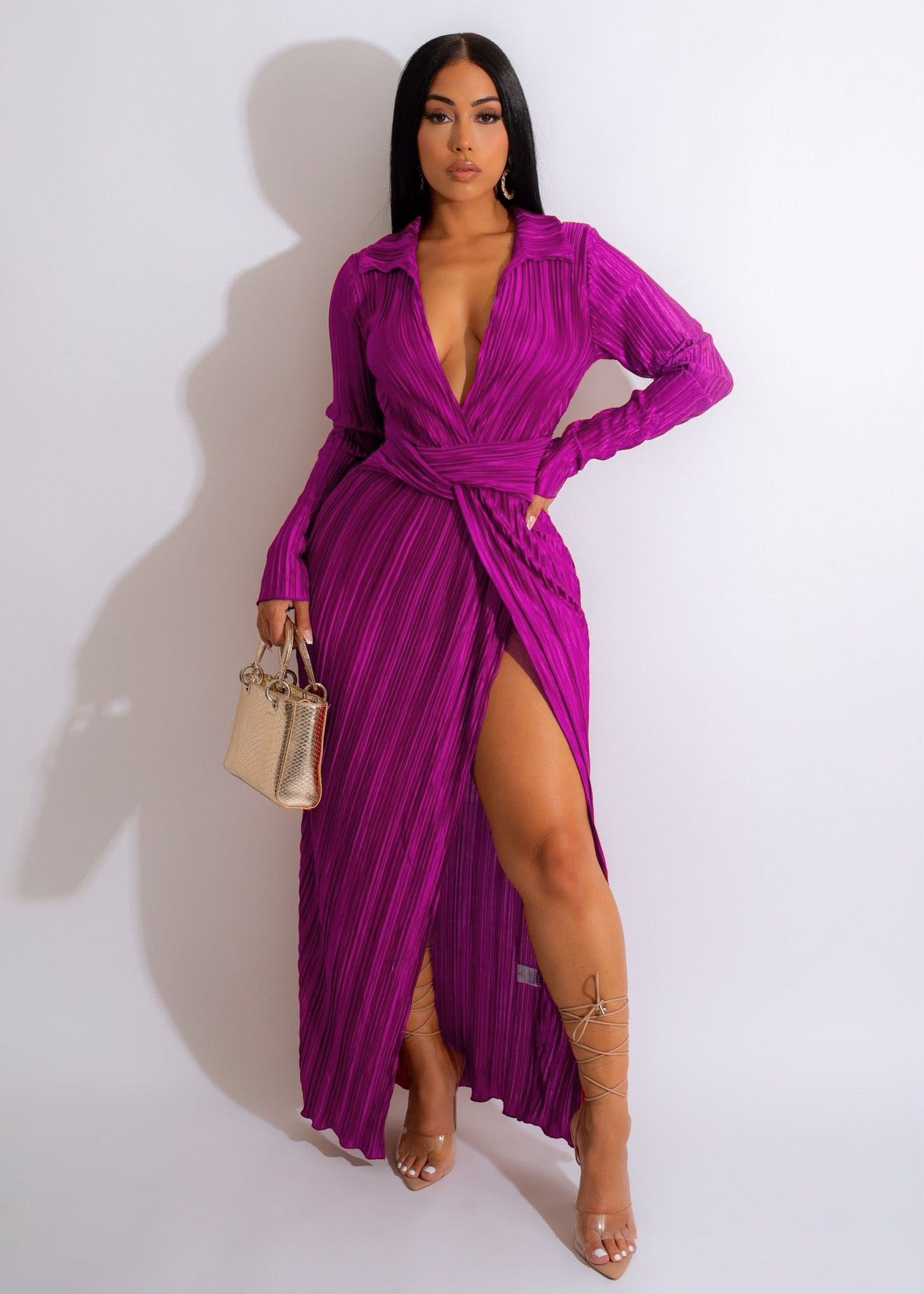 V neck Long Sleeve Pleated Slit Dress - Brinxx Couture