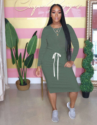 Drawstring Round Neck Long Sleeved Dress - Brinxx Couture