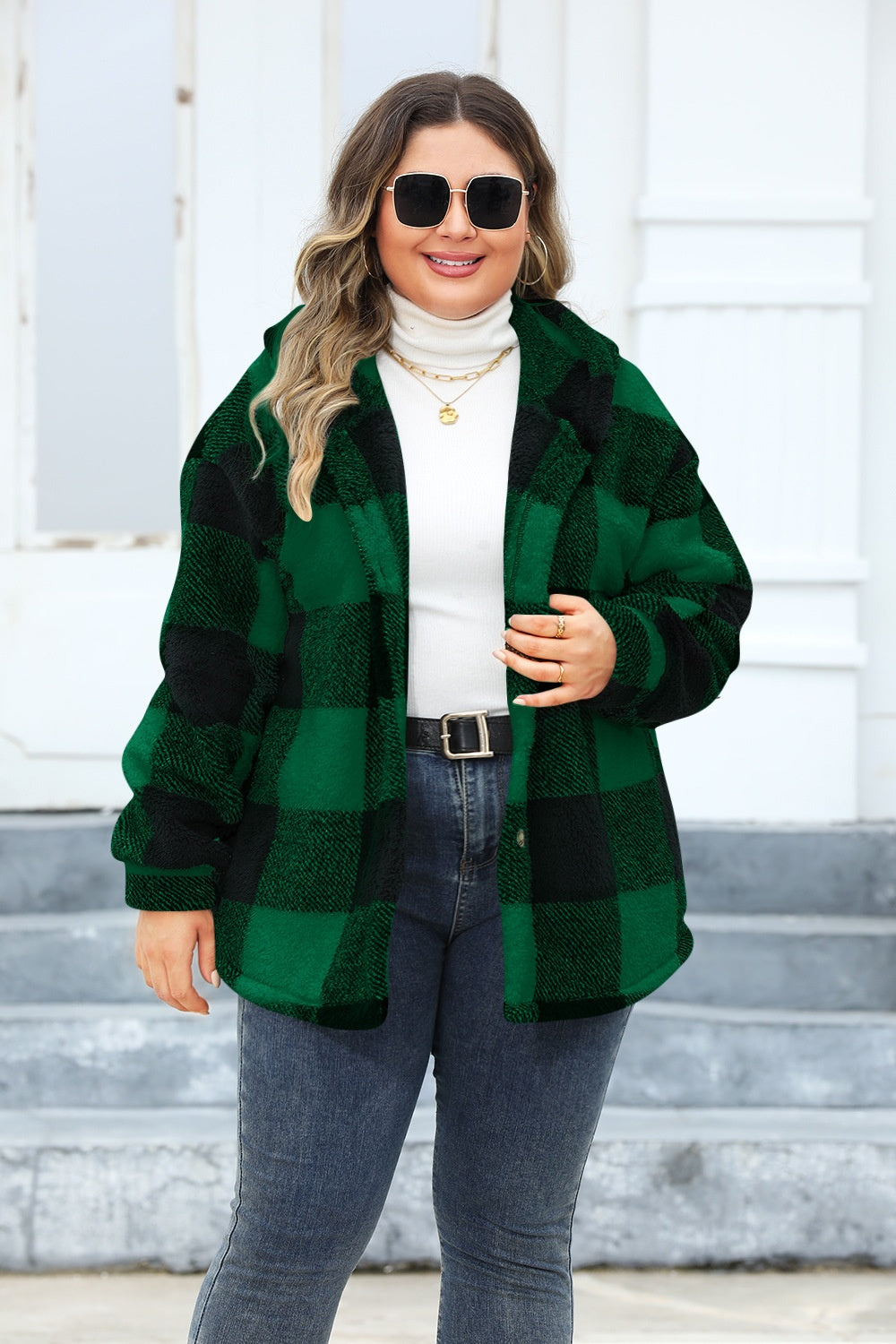 Plus Size Plaid Button Up Hooded Jacket - Brinxx Couture