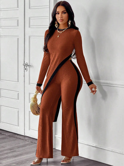 A stylish Long Sleeve Contrast Split Two Piece Set for women. this piece adds a touch of elegance to your outfit - Brinxx Couture