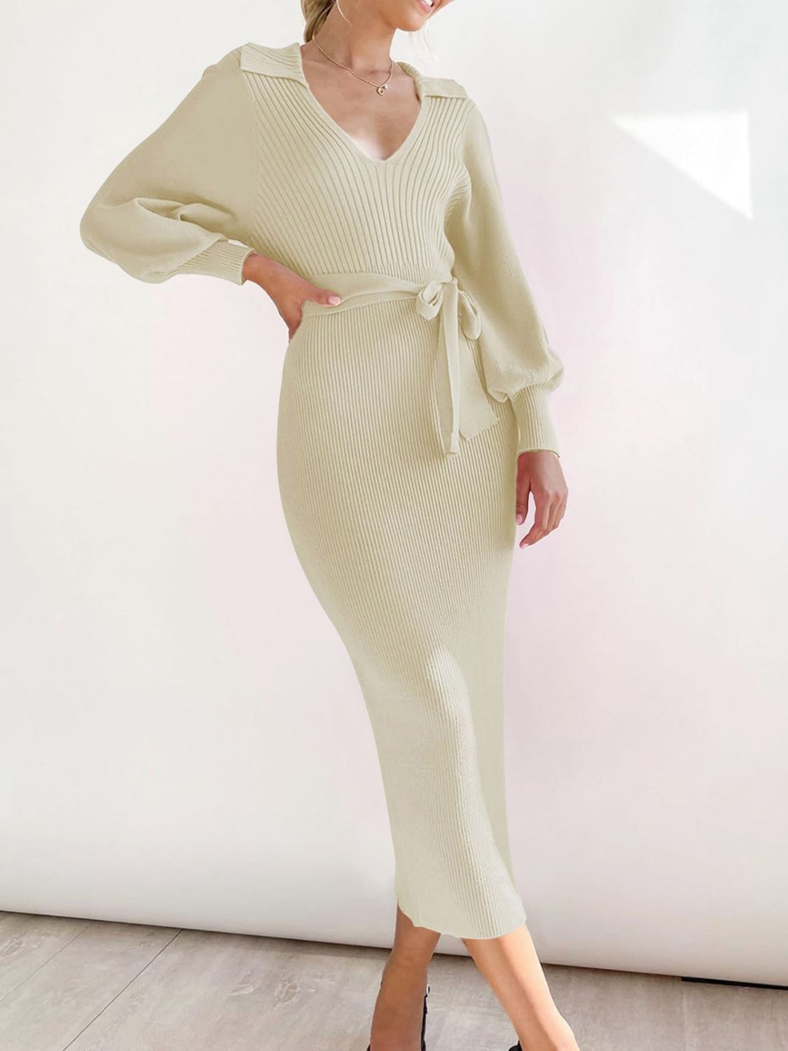 Tied Long Sleeve Wrap Sweater Dress - Brinxx Couture