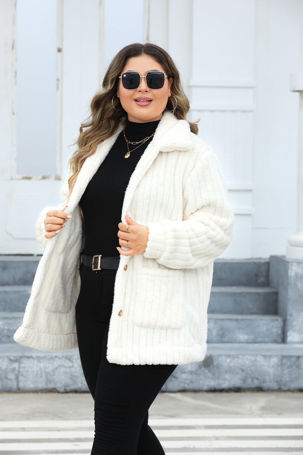 Plus Size Fuzzy Collared Neck Long Sleeve Jacket - Brinxx Couture