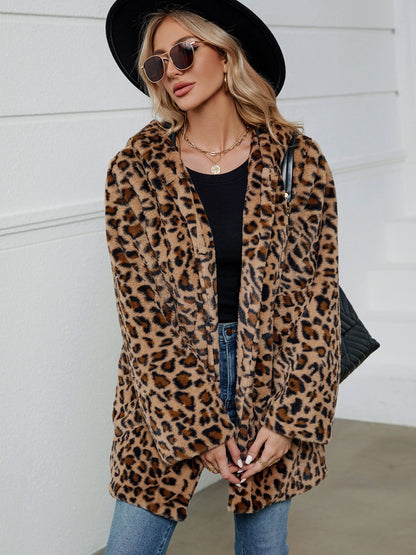 Fuzzy Leopard Hooded Long Sleeve Jacket - Brinxx Couture