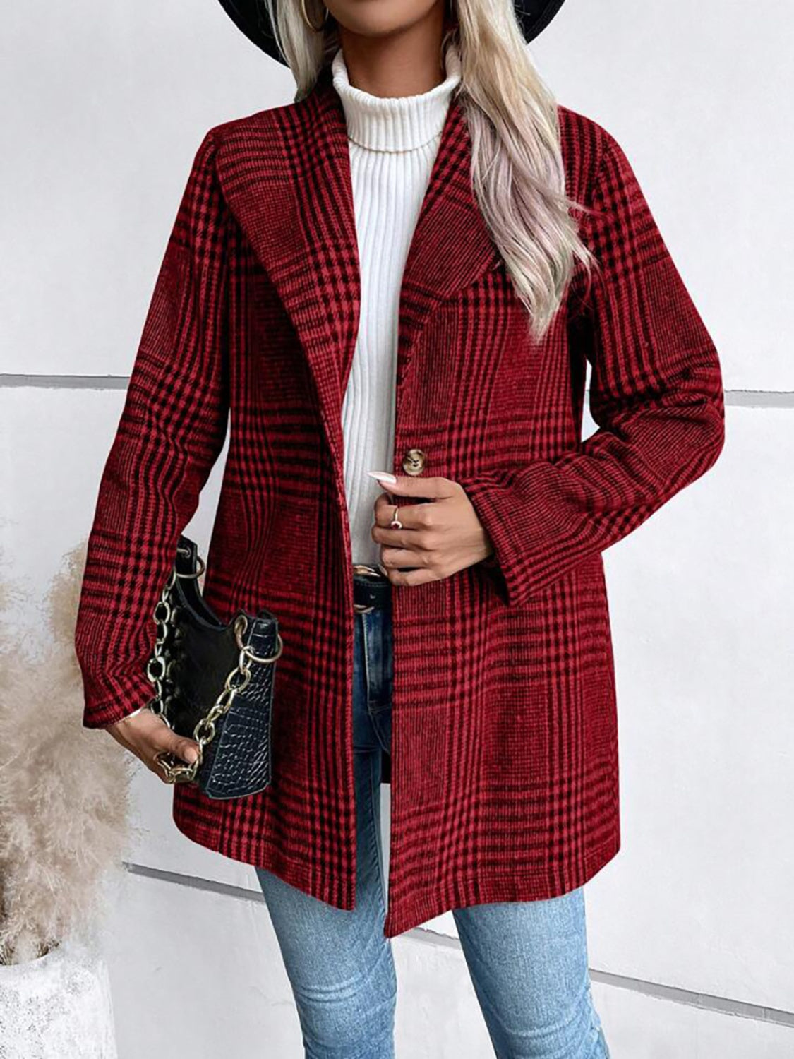 Plaid Collared Neck Long Sleeve Jacket - Brinxx Couture