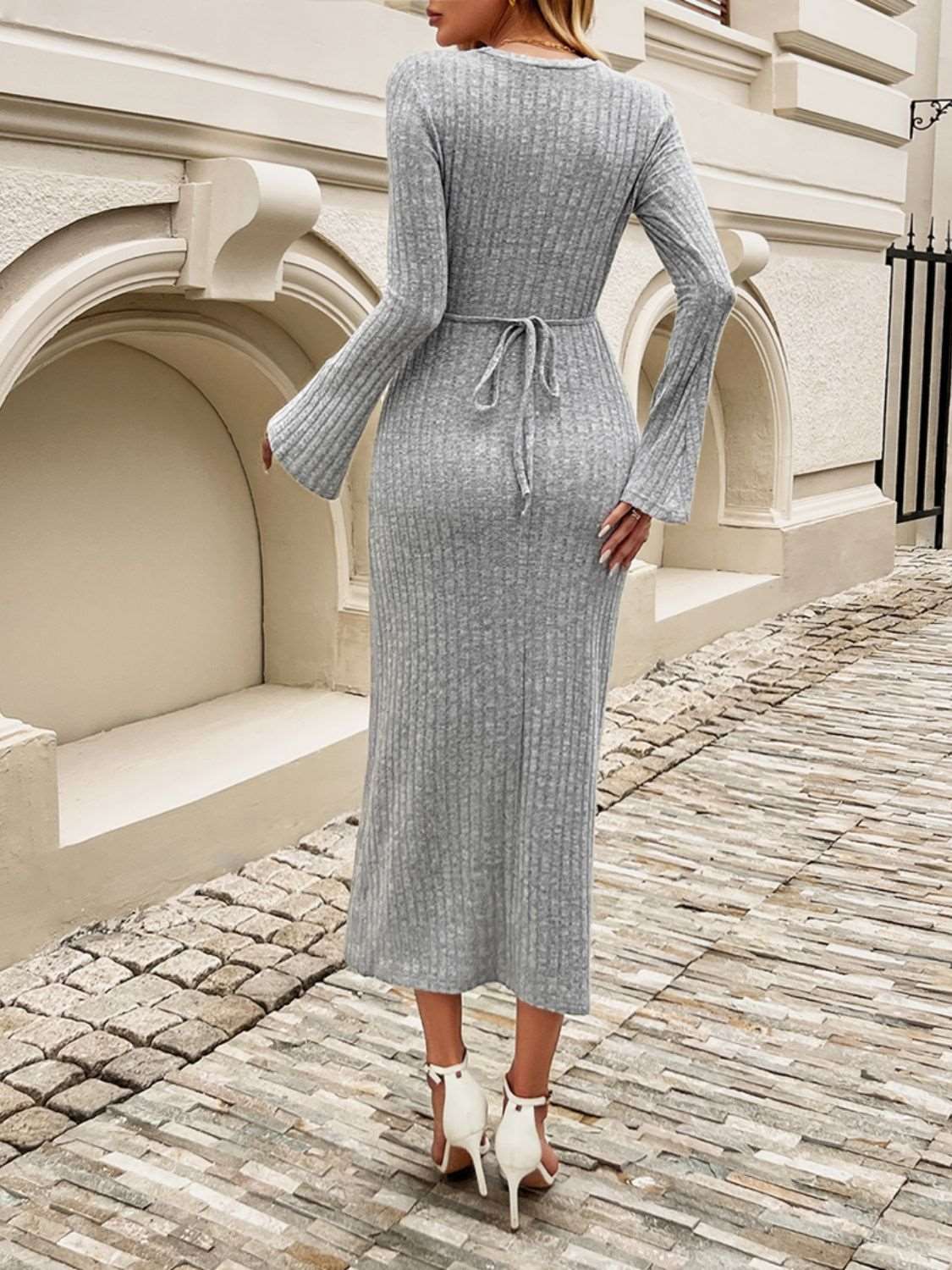 Tied Round Neck Long Sleeve Midi Dress - Brinxx Couture