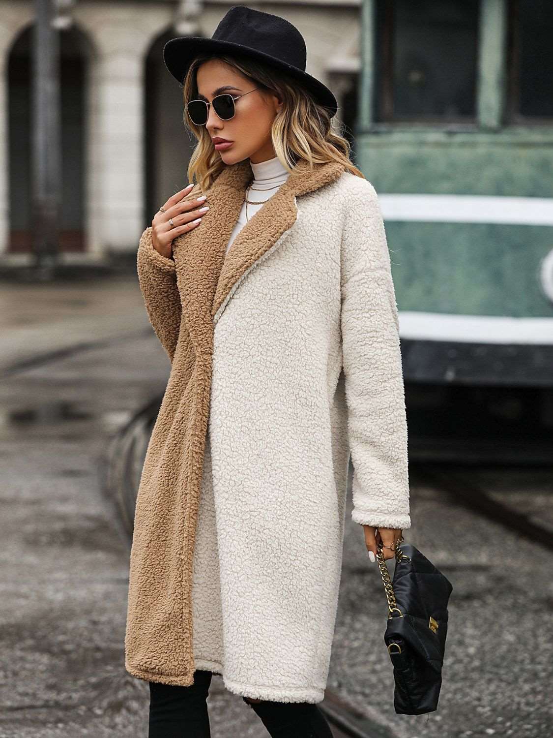 Contrast Dropped Shoulder Sherpa Coat - Brinxx Couture