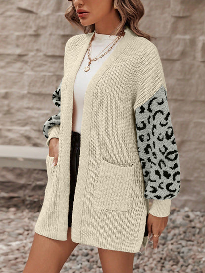 Pocketed Leopard Open Front Cardigan - Brinxx Couture