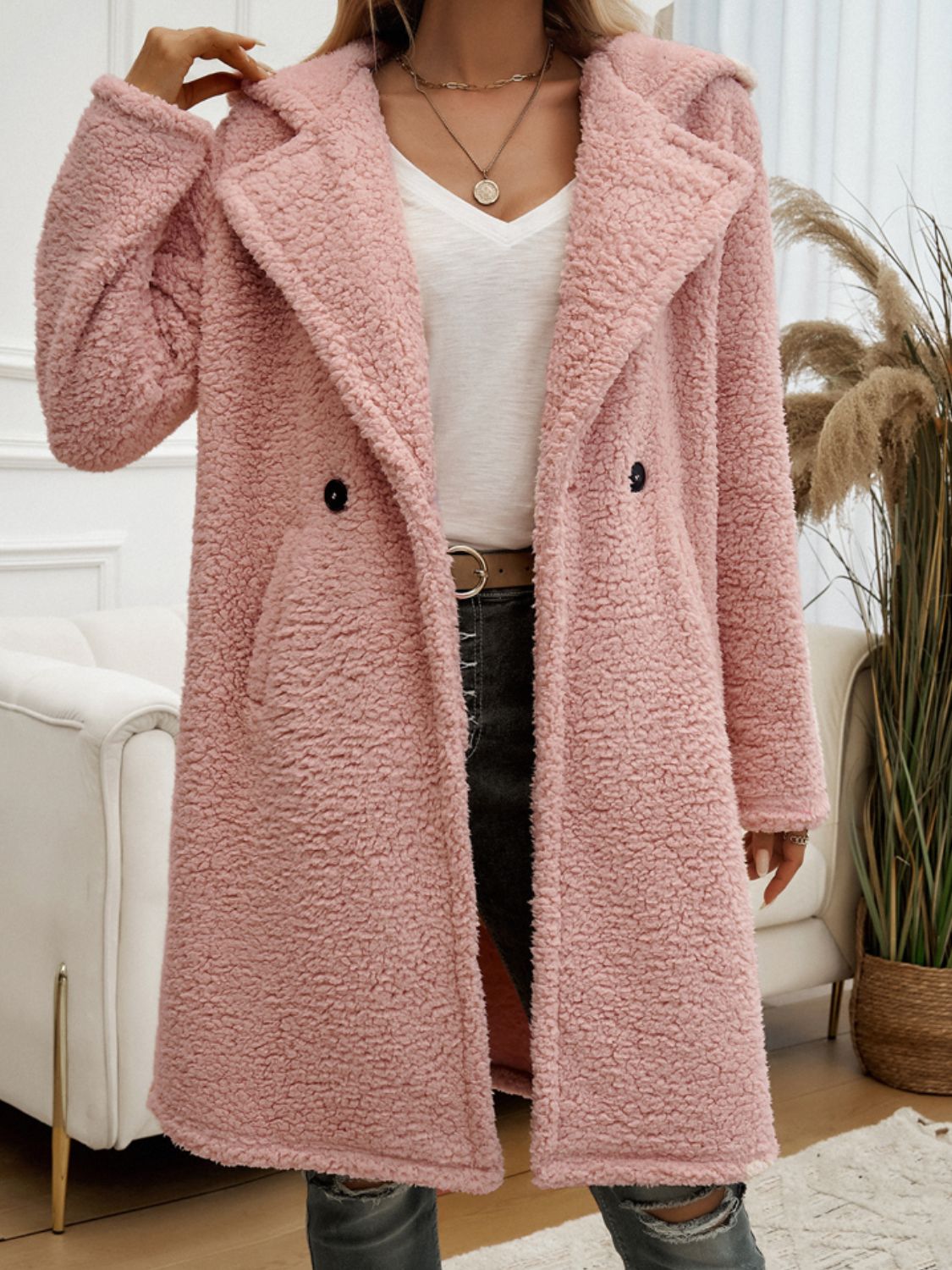 Pocketed Long Sleeve Hooded Teddy Coat - Brinxx Couture