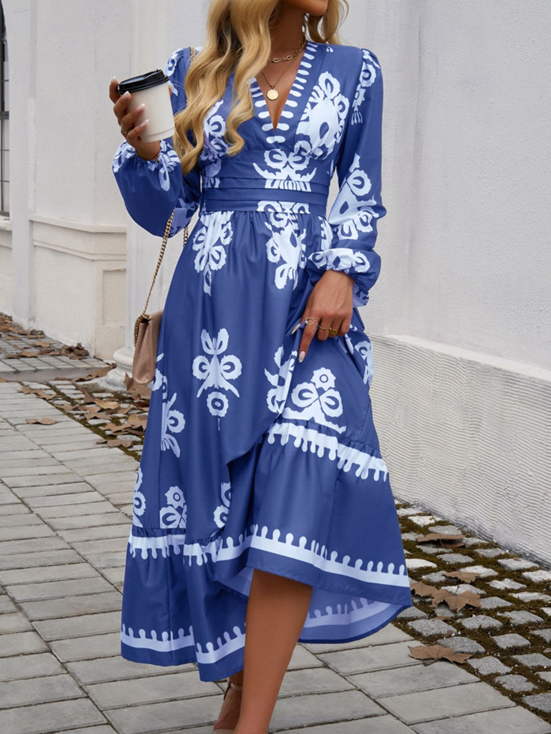 Ruffled Printed Plunge Long Sleeve Dress - Brinxx Couture