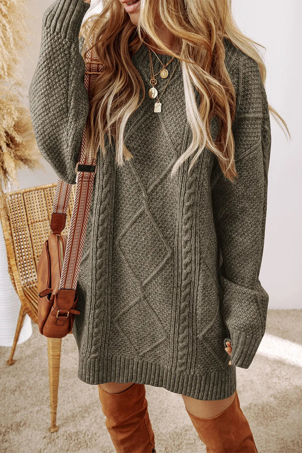 Cable-Knit Round Neck Sweater Dress - Brinxx Couture