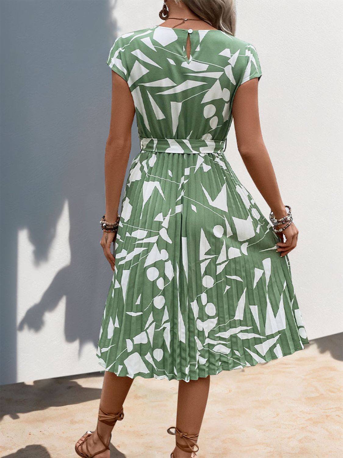 Tied Pleated Printed Cap Sleeve Dress - Brinxx Couture