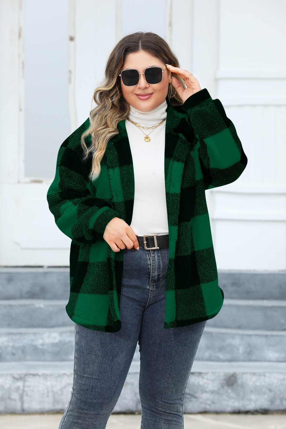 Plus Size Plaid Button Up Hooded Jacket - Brinxx Couture