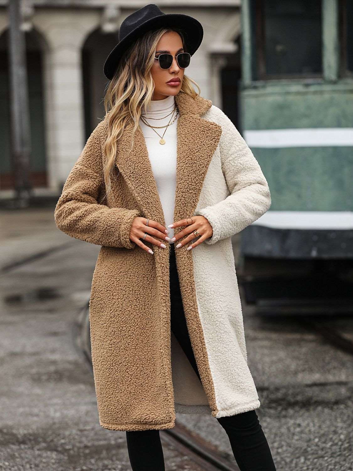 Contrast Dropped Shoulder Sherpa Coat - Brinxx Couture