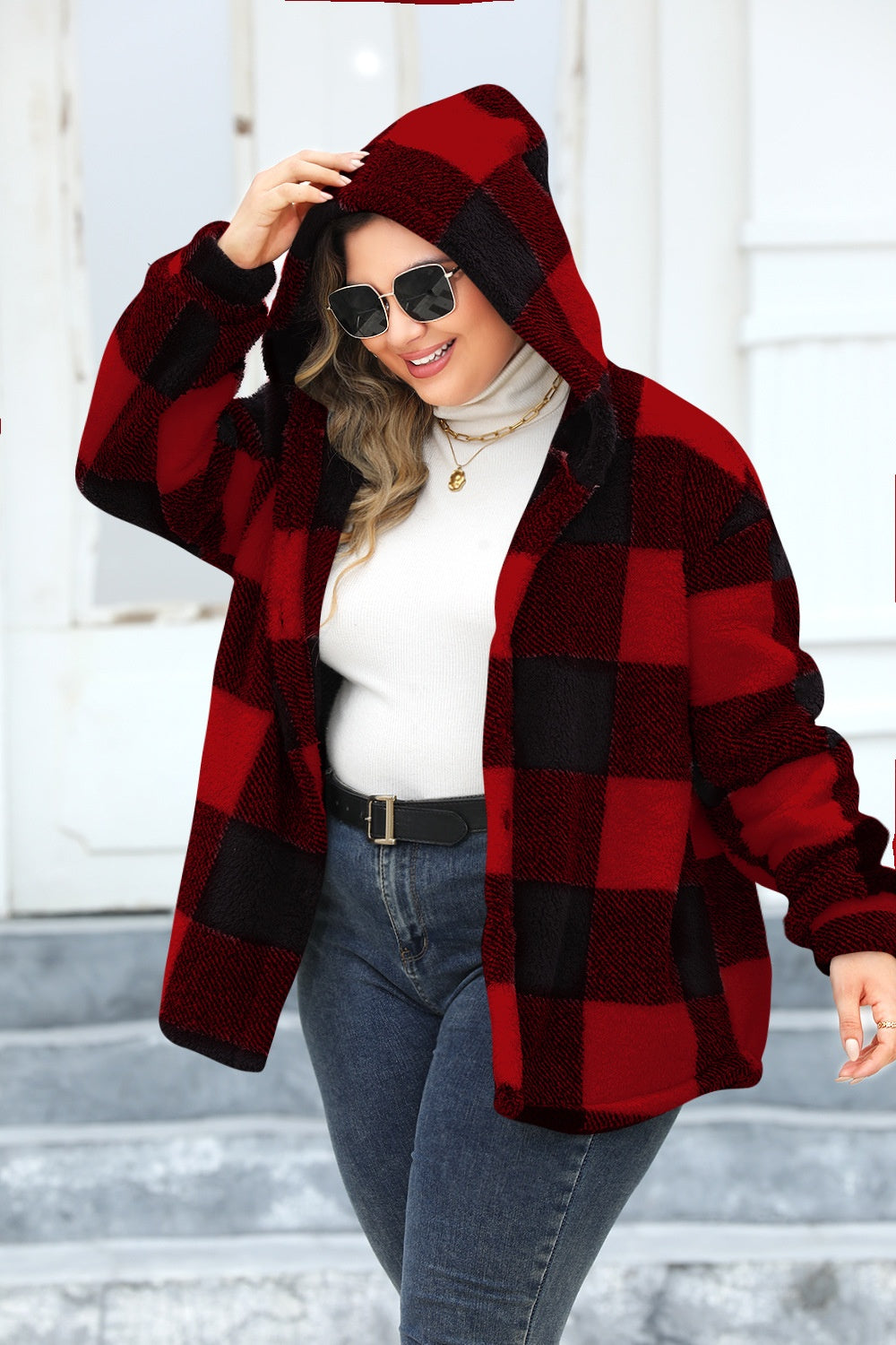 Plus Size Plaid Button Up Hooded Jacket - Brinxx Couture