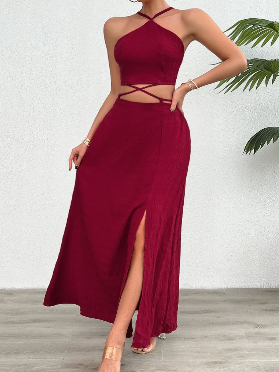 Grecian Neck Top and Slit Skirt Set - Brinxx Couture