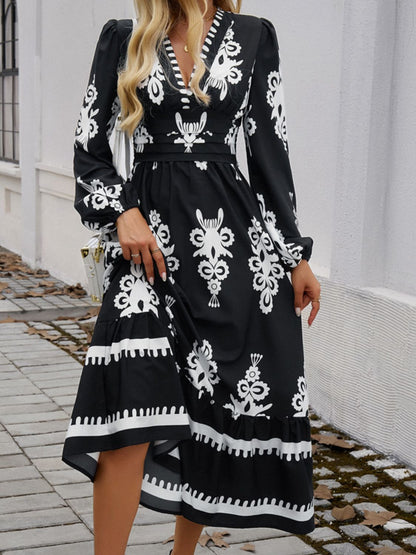 Ruffled Printed Plunge Long Sleeve Dress - Brinxx Couture