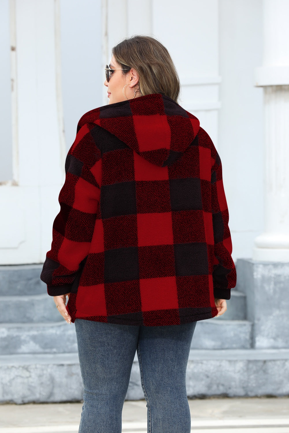 Plus Size Plaid Button Up Hooded Jacket - Brinxx Couture