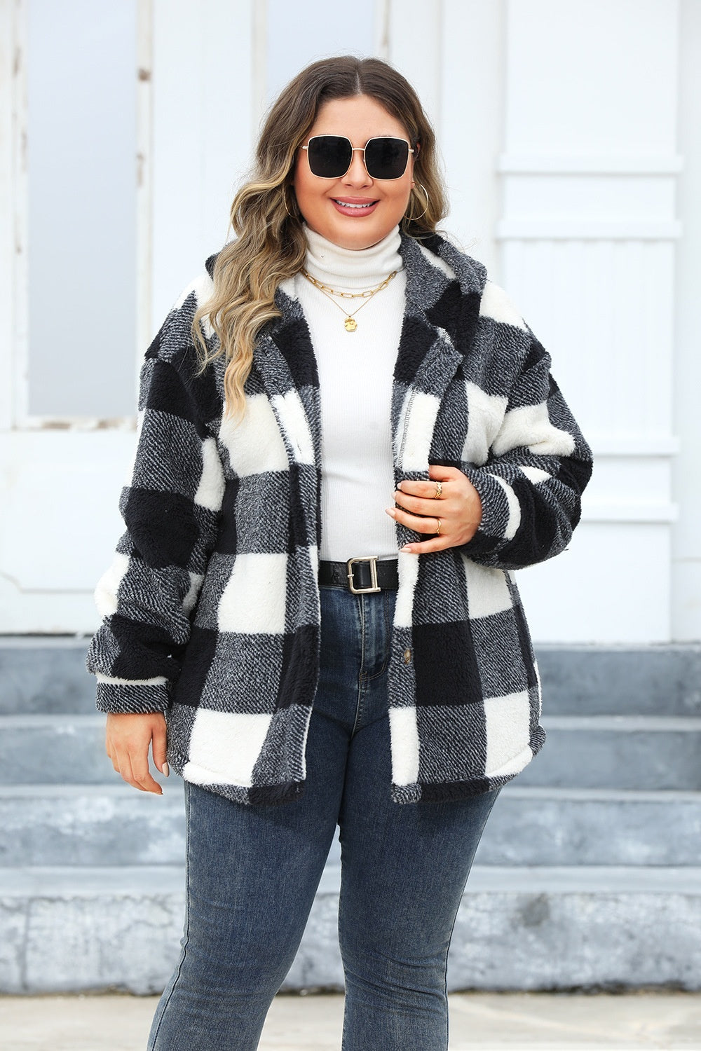 Plus Size Plaid Button Up Hooded Jacket - Brinxx Couture