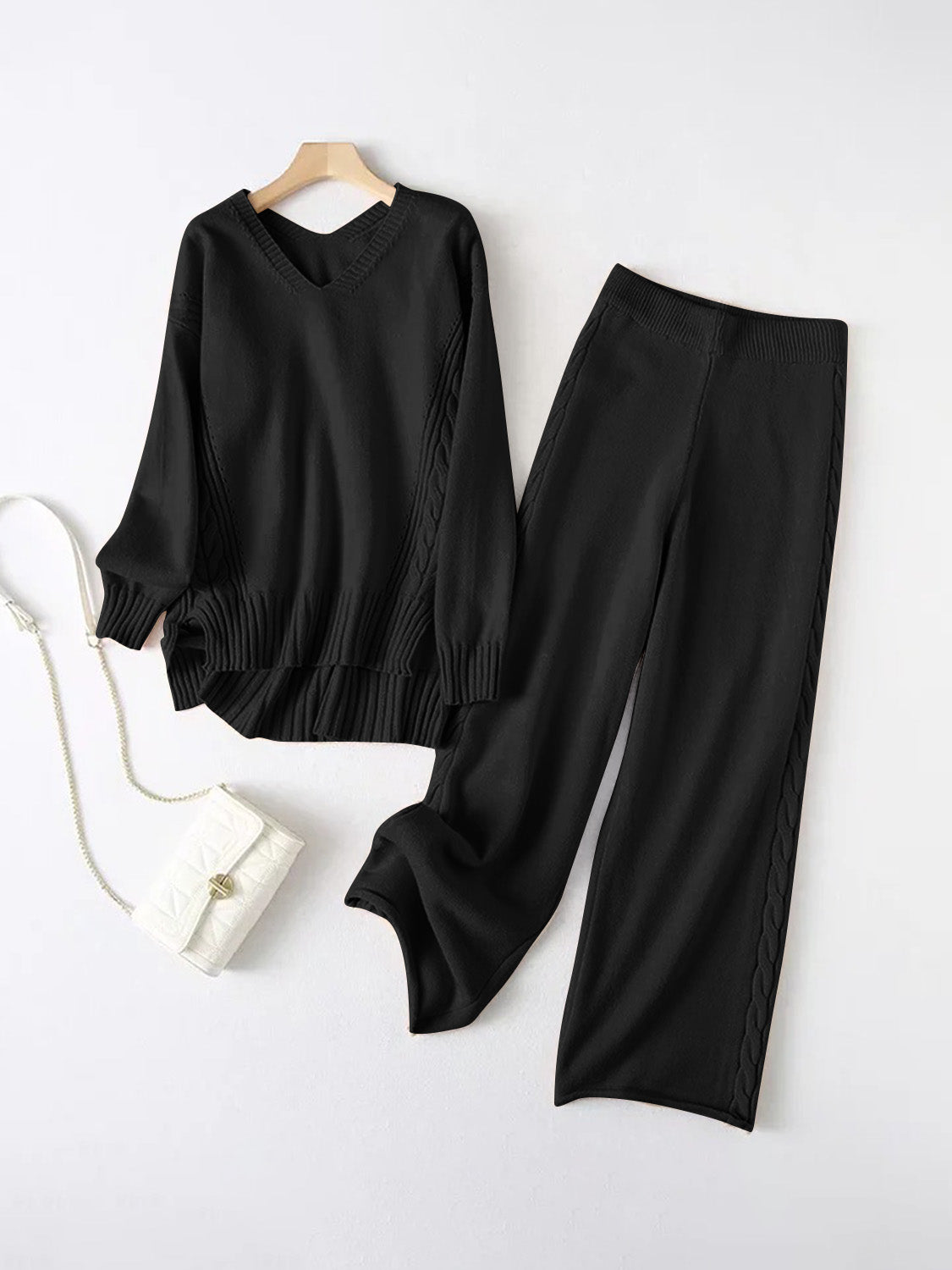 Slit V-Neck Long Sleeve Top and Pants Sweater Set - Brinxx Couture