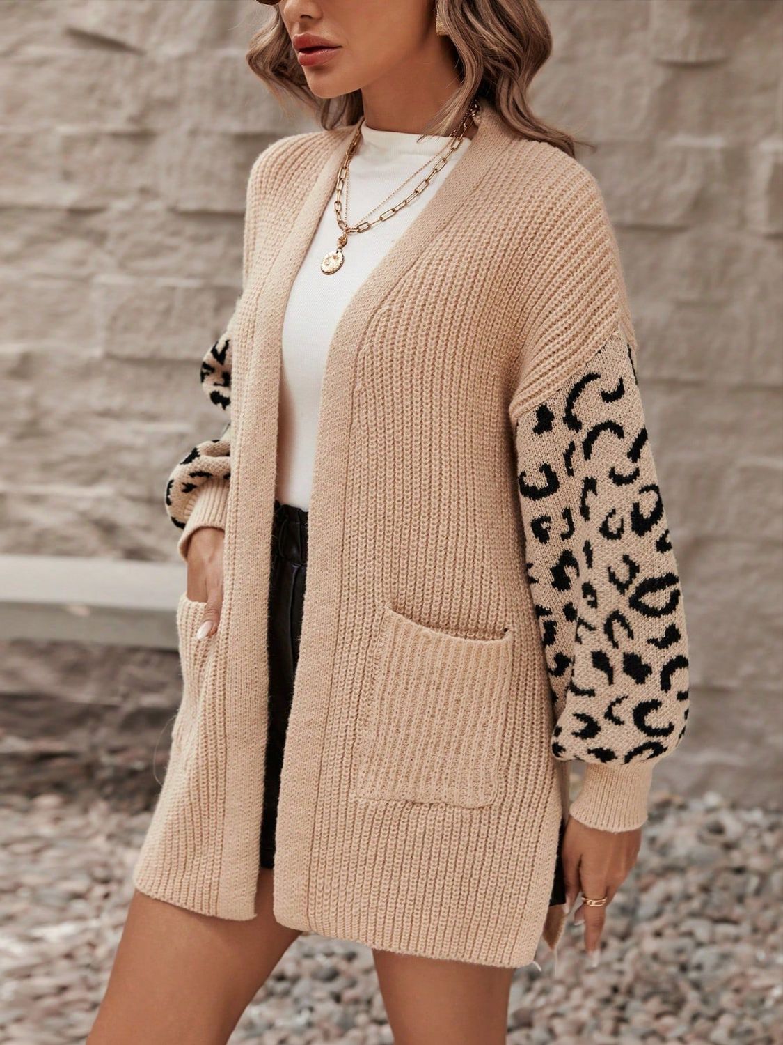 Pocketed Leopard Open Front Cardigan - Brinxx Couture