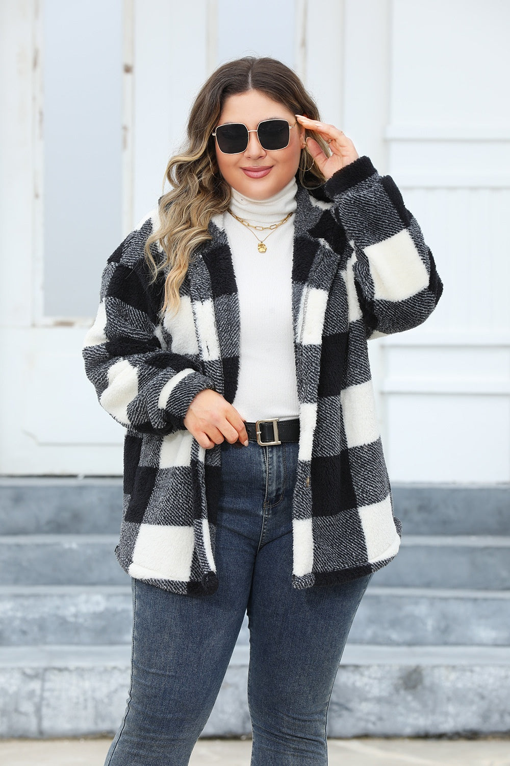 Plus Size Plaid Button Up Hooded Jacket - Brinxx Couture