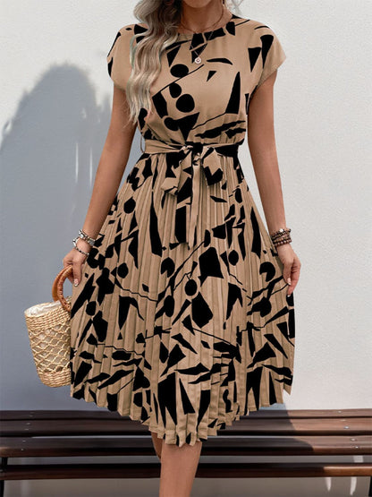 Tied Pleated Printed Cap Sleeve Dress - Brinxx Couture