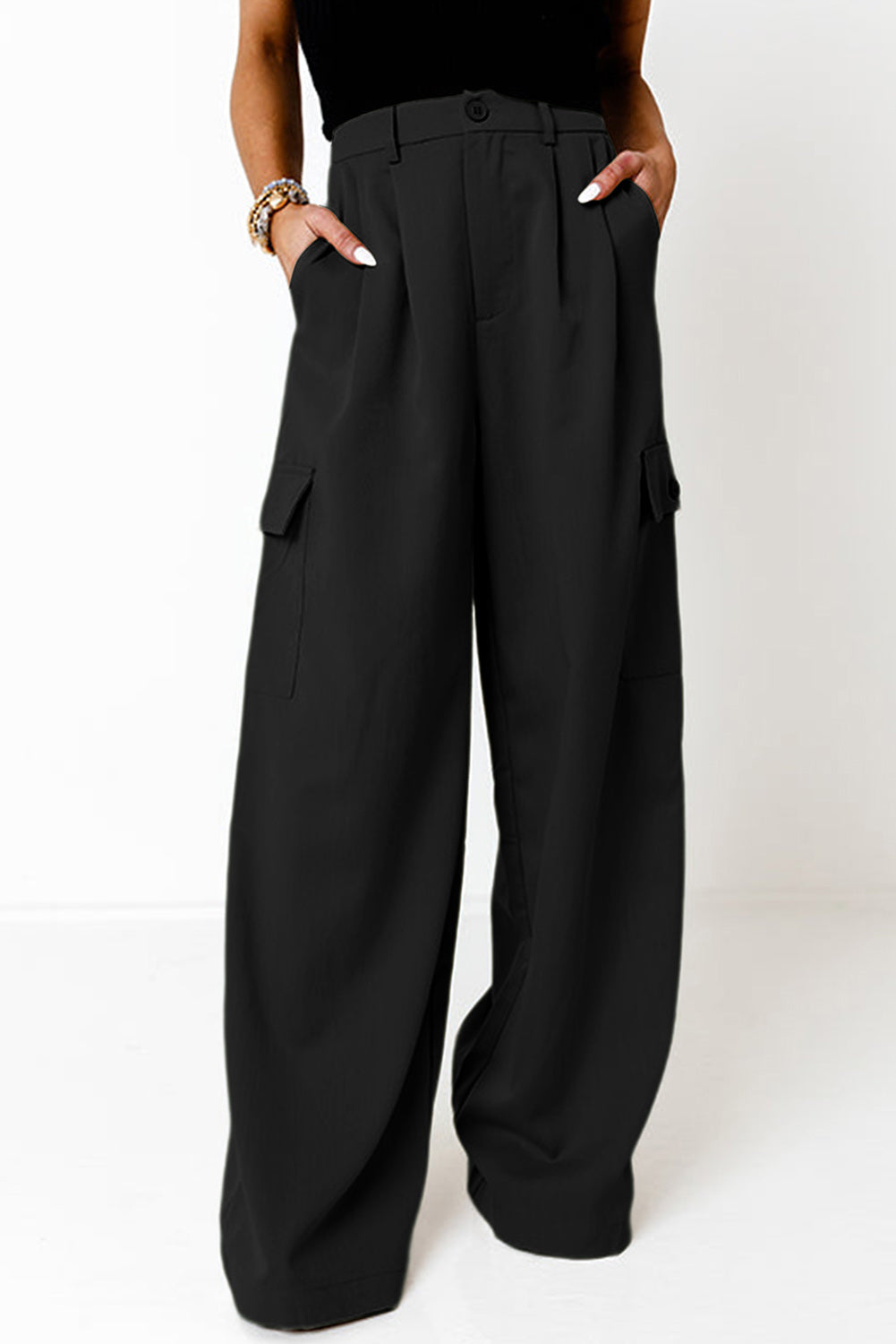 Ruched Wide Leg Pants with Pockets - Brinxx Couture