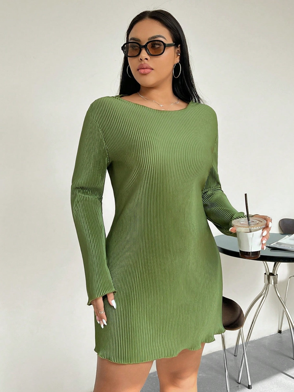 Plus Size Lettuce Hem Long Sleeve Dress - Brinxx Couture