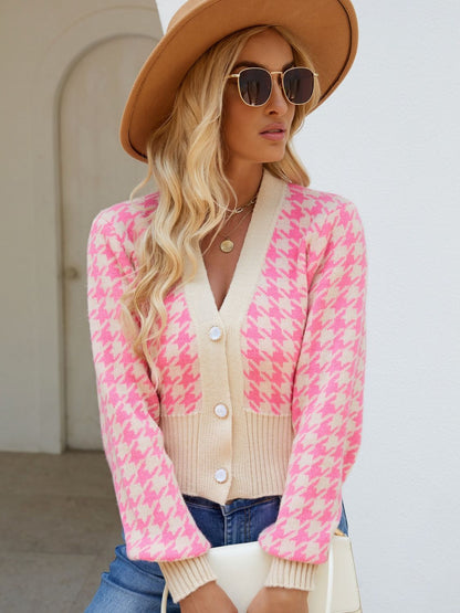 Houndstooth Button Up Long Sleeve Cardigan - Brinxx Couture