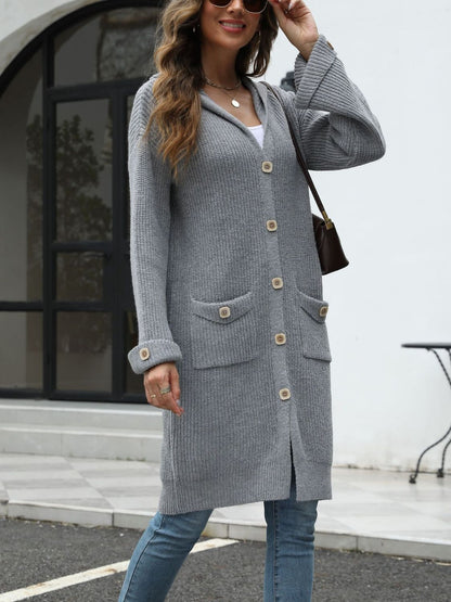 Pocketed Button Up Long Sleeve Hooded Cardigan - Brinxx Couture