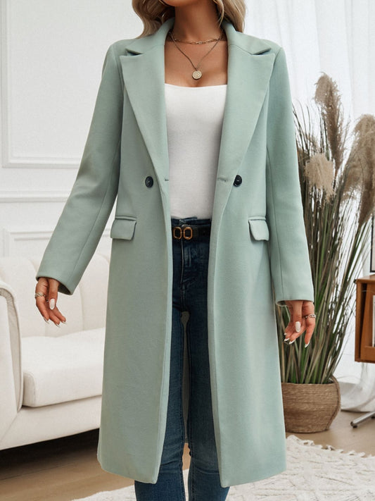 Pocketed Collared Neck Long Sleeve Coat - Brinxx Couture