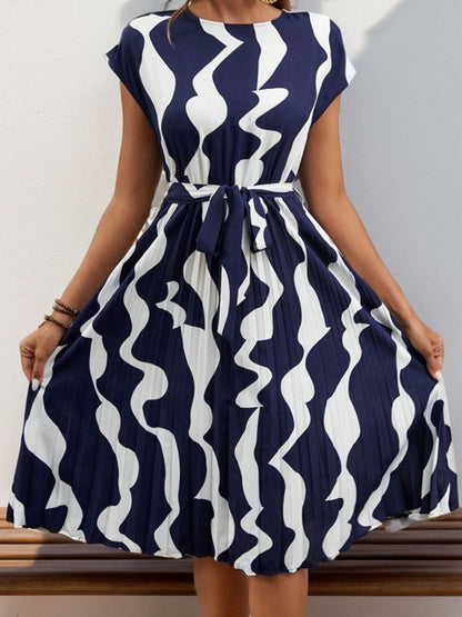 Tied Pleated Printed Cap Sleeve Dress - Brinxx Couture