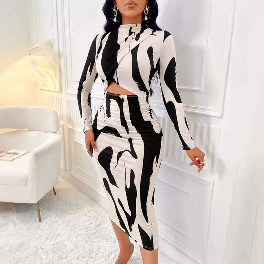 All Over Print Long Sleeve Narrow Dress - Brinxx Couture