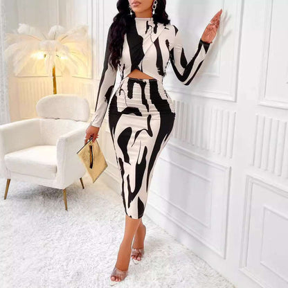 A stylish All Over Print Long Sleeve Narrow Dress for women. this piece adds a touch of elegance to your outfit - Brinxx Couture