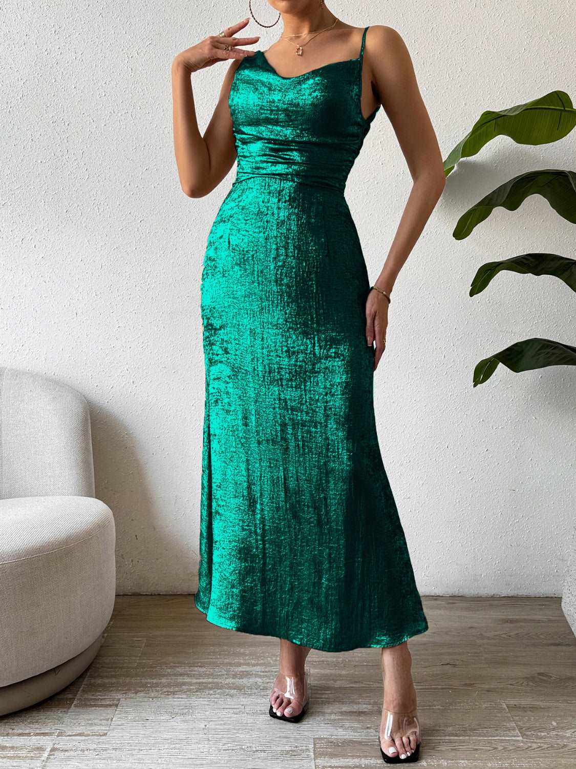 A stylish Asymmetric Neck Sleeveless Midi Dress for women. this piece adds a touch of elegance to your outfit - Brinxx Couture