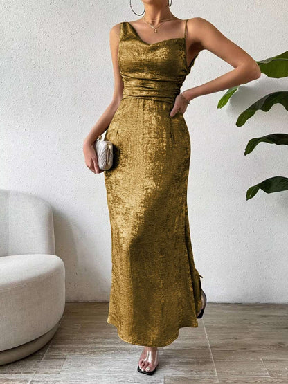 A stylish Asymmetric Neck Sleeveless Midi Dress for women. this piece adds a touch of elegance to your outfit - Brinxx Couture