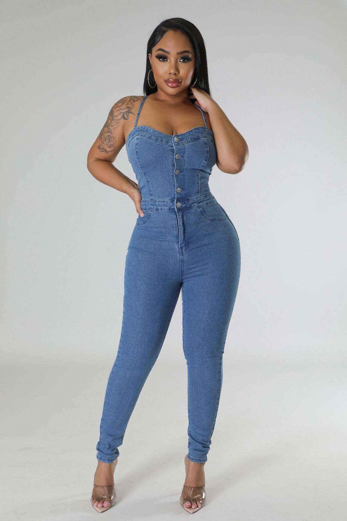 A stylish Backless Bandage Denim Jumpsuit for women. this piece adds a touch of elegance to your outfit - Brinxx Couture