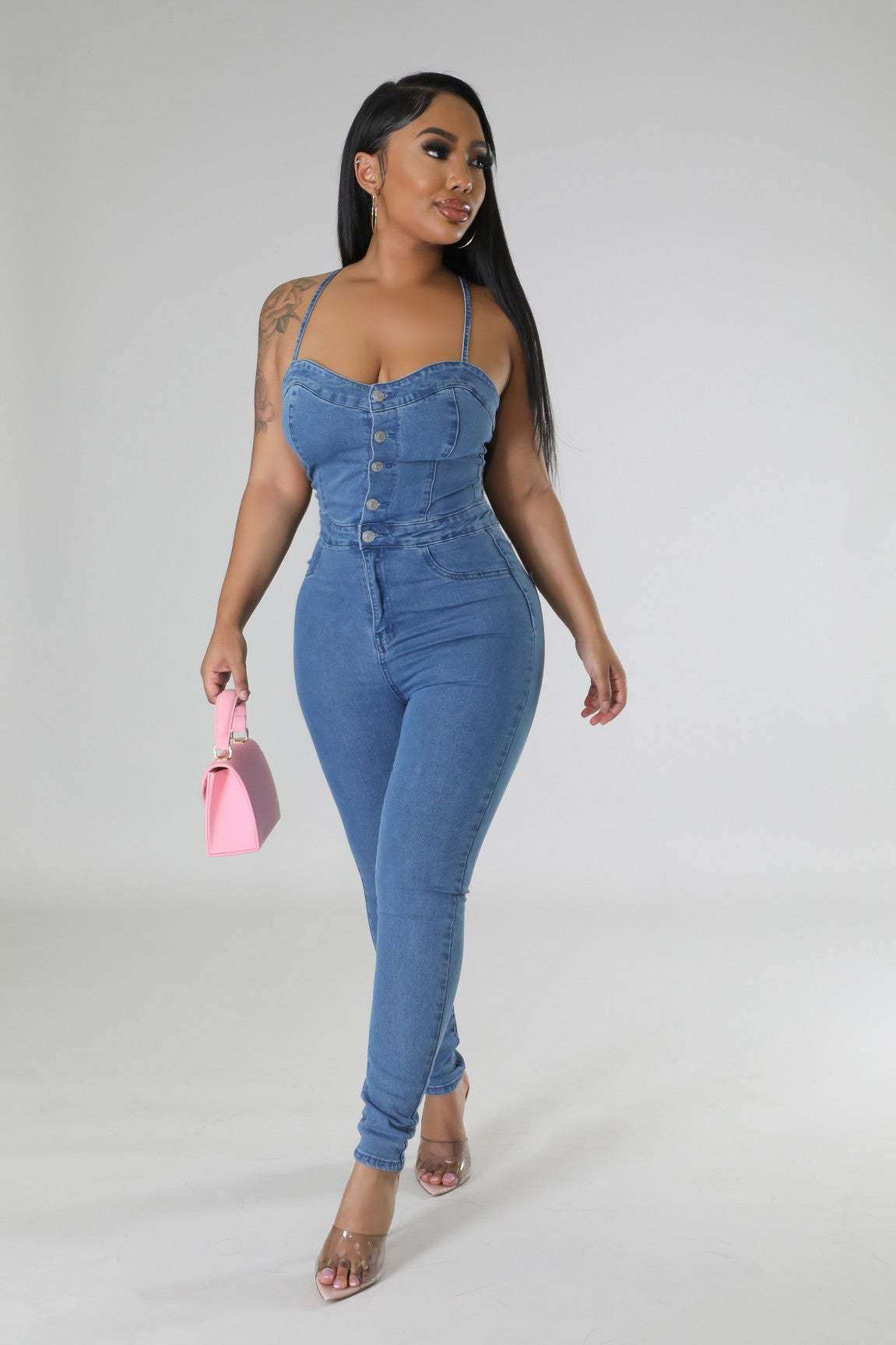 A stylish Backless Bandage Denim Jumpsuit for women. this piece adds a touch of elegance to your outfit - Brinxx Couture