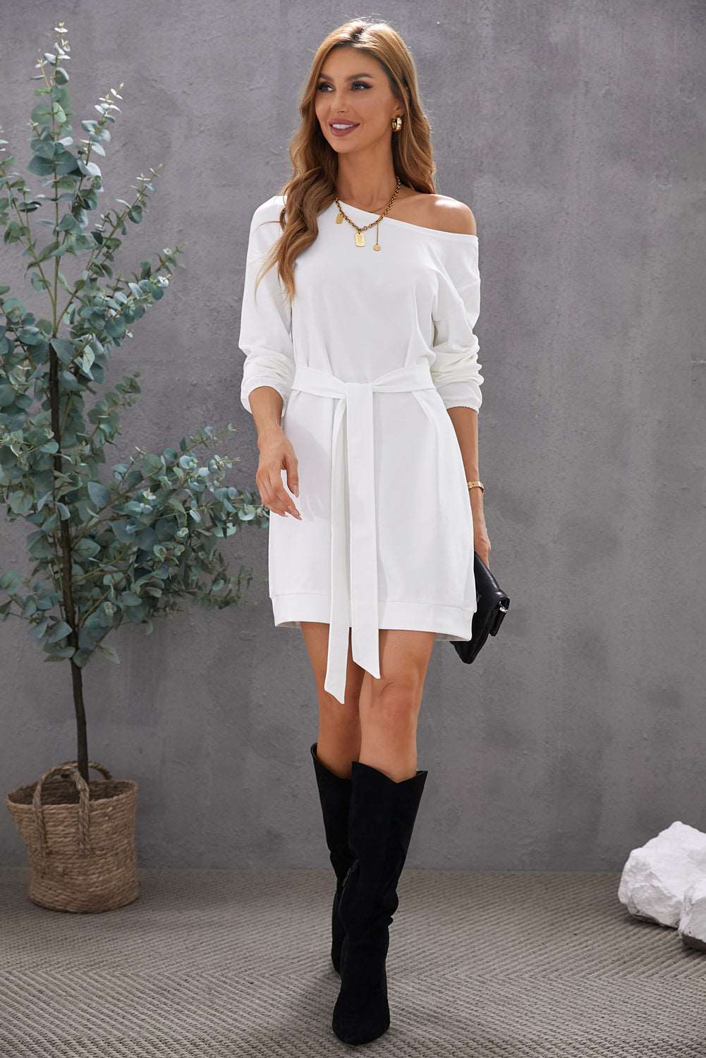 Boat Neck Belted Long Sleeve Dress - Brinxx Couture