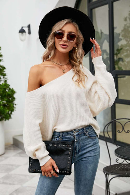 Boat Neck Horizontal Ribbed Sweater - Brinxx Couture