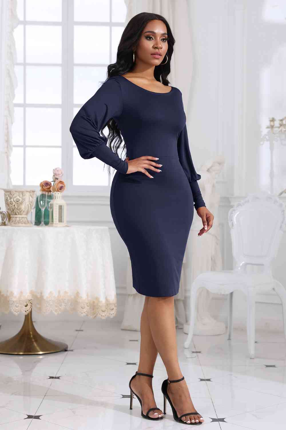 Boat Neck Lantern Sleeve Dress - Brinxx Couture