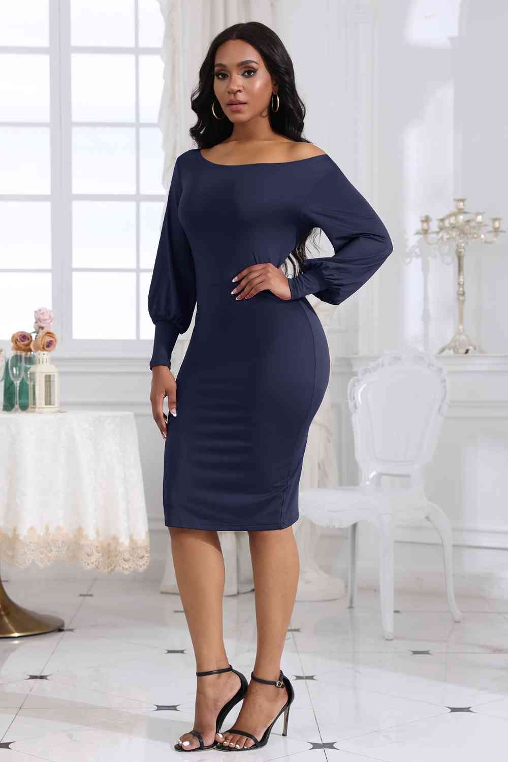 Boat Neck Lantern Sleeve Dress - Brinxx Couture