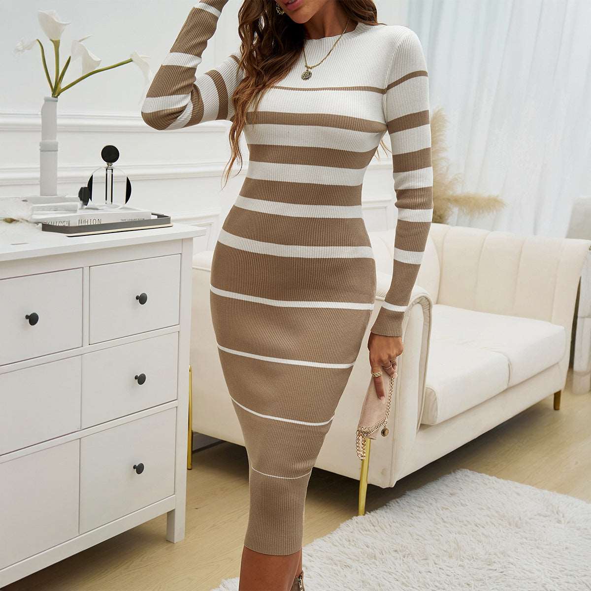 A stylish Bodycon Contrast Long Sleeve Dress for women. this piece adds a touch of elegance to your outfit - Brinxx Couture