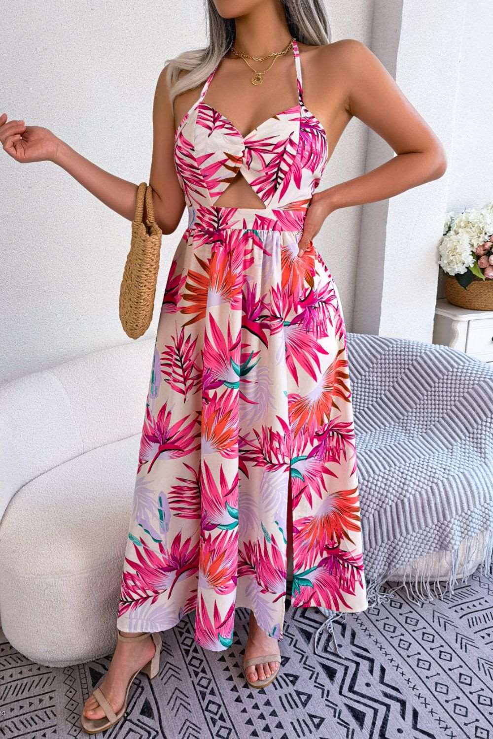 Botanical Print Tied Backless Cutout Slit Dress - Brinxx Couture