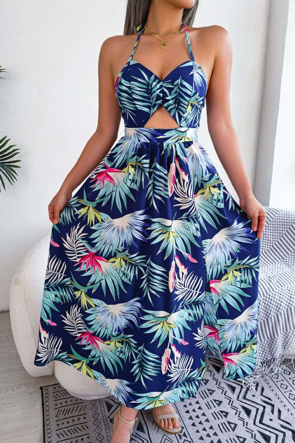 Botanical Print Tied Backless Cutout Slit Dress - Brinxx Couture