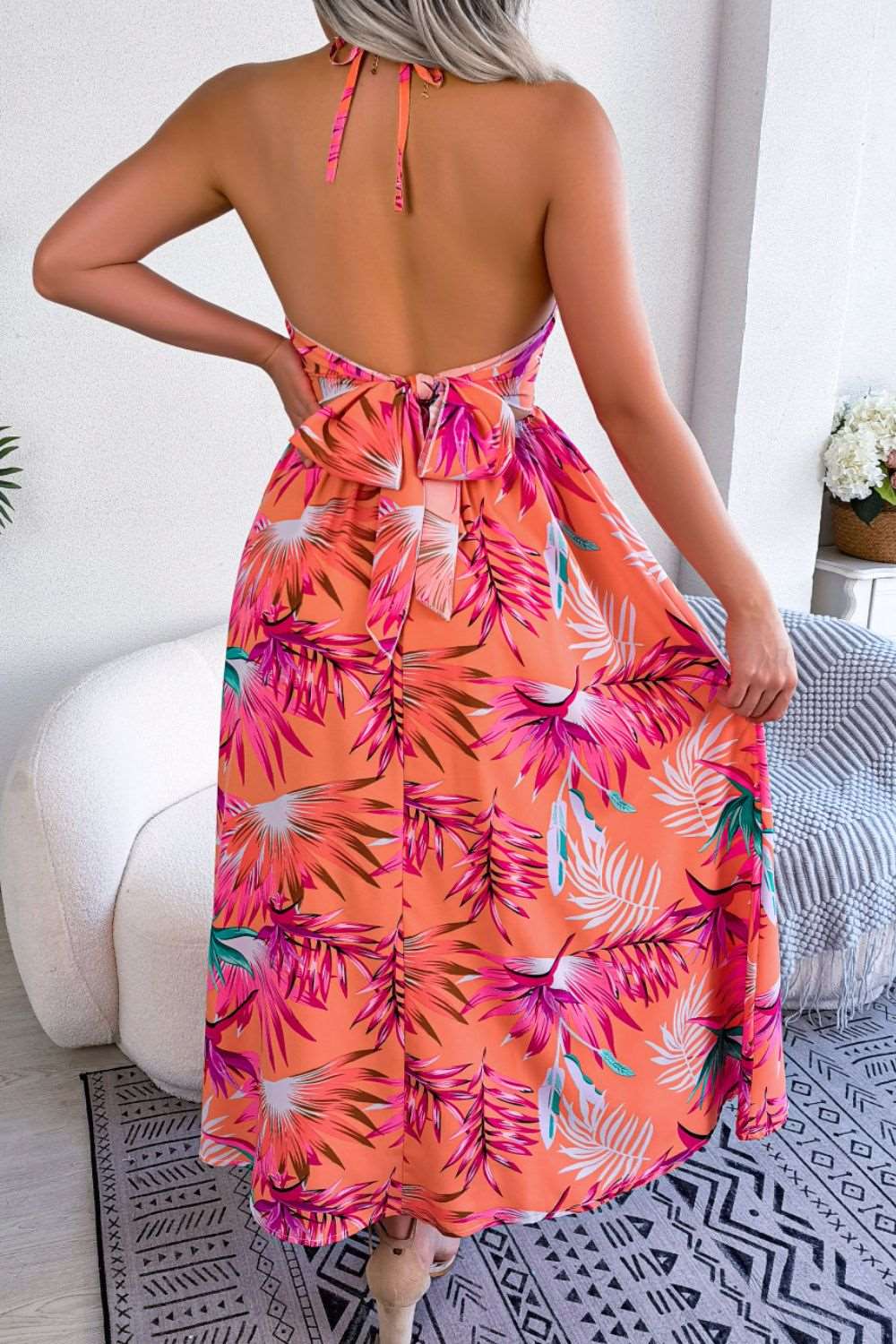 Botanical Print Tied Backless Cutout Slit Dress - Brinxx Couture