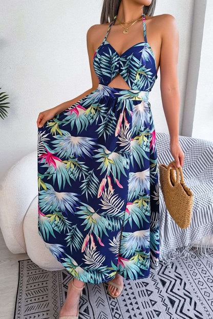 Botanical Print Tied Backless Cutout Slit Dress - Brinxx Couture